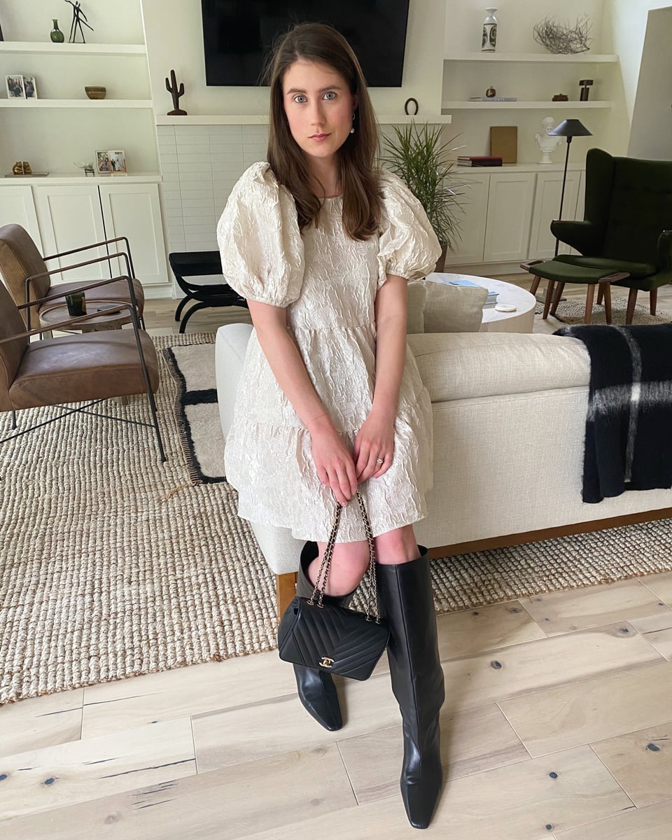 Puffy Sleeve Mini Dress with Knee-High Boots Puffy Sleeve Mini Dress with Knee-High Boots — Trendy Work From Home Outfits