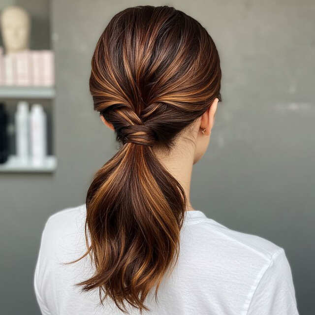 Mid-Back Wavy Ponytail With Twist Mid-Back Wavy Ponytail With Twist — Trendy Work Hair