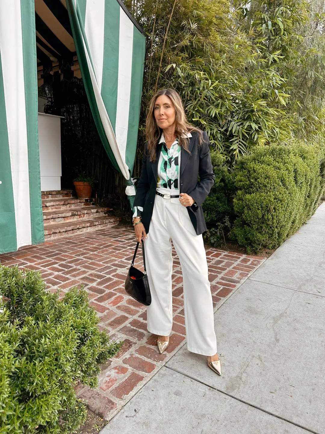 Black Blazer with Printed Blouse and White Trousers, Wide-Leg Black Blazer with Printed Blouse and White Trousers, Wide-Leg — Trendy Work Outfits Women Office