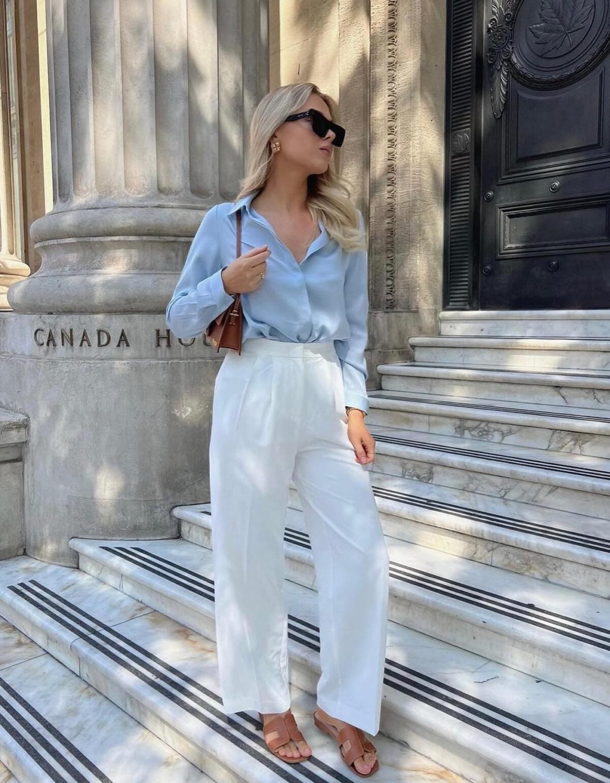 Light Blue Shirt with White Wide-Leg Linen Trousers Light Blue Shirt with White Wide-Leg Linen Trousers — Trendy Work Outfits Women Office