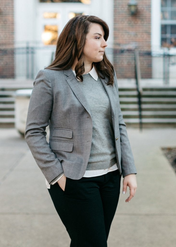 Gray Blazer Over Gray Sweater and White Shirt Gray Blazer Over Gray Sweater and White Shirt — Trendy Work Outfits Women Office