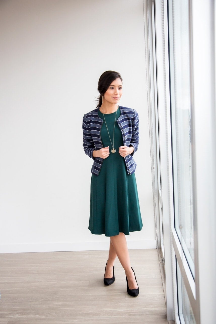 Green A-line Dress with Striped Blazer Green A-line Dress with Striped Blazer — Trendy Work Outfits Women Office