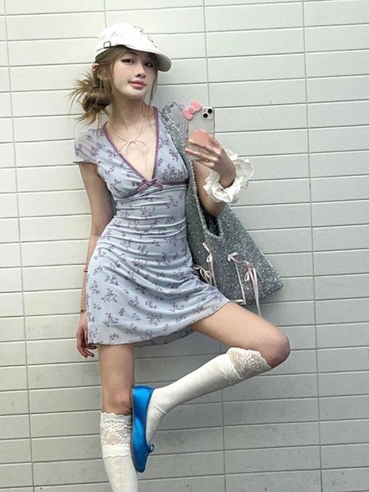 Light Blue Floral Print Mini Dress with Lace Trim Socks Light Blue Floral Print Mini Dress with Lace Trim Socks — Trendy Y2K Dress