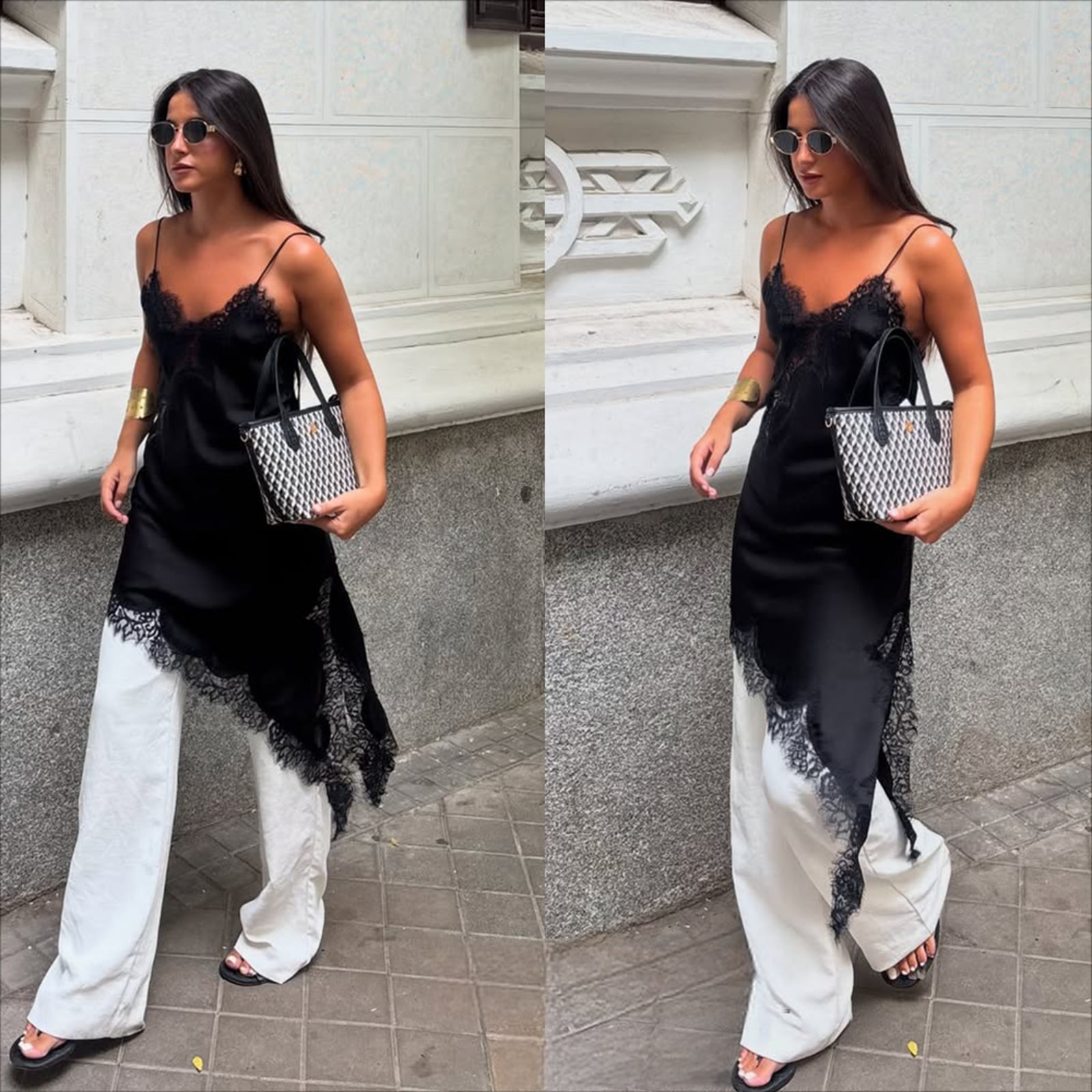 Black Satin Slip Dress with Lace Trim Styled Over Pants Black Satin Slip Dress with Lace Trim Styled Over Pants — Trendy Y2K Dress