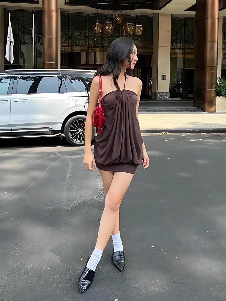 Brown Halter Neck Gathered Mini Dress with Balloon Hem and White Socks Brown Halter Neck Gathered Mini Dress with Balloon Hem and White Socks — Trendy Y2K Dress