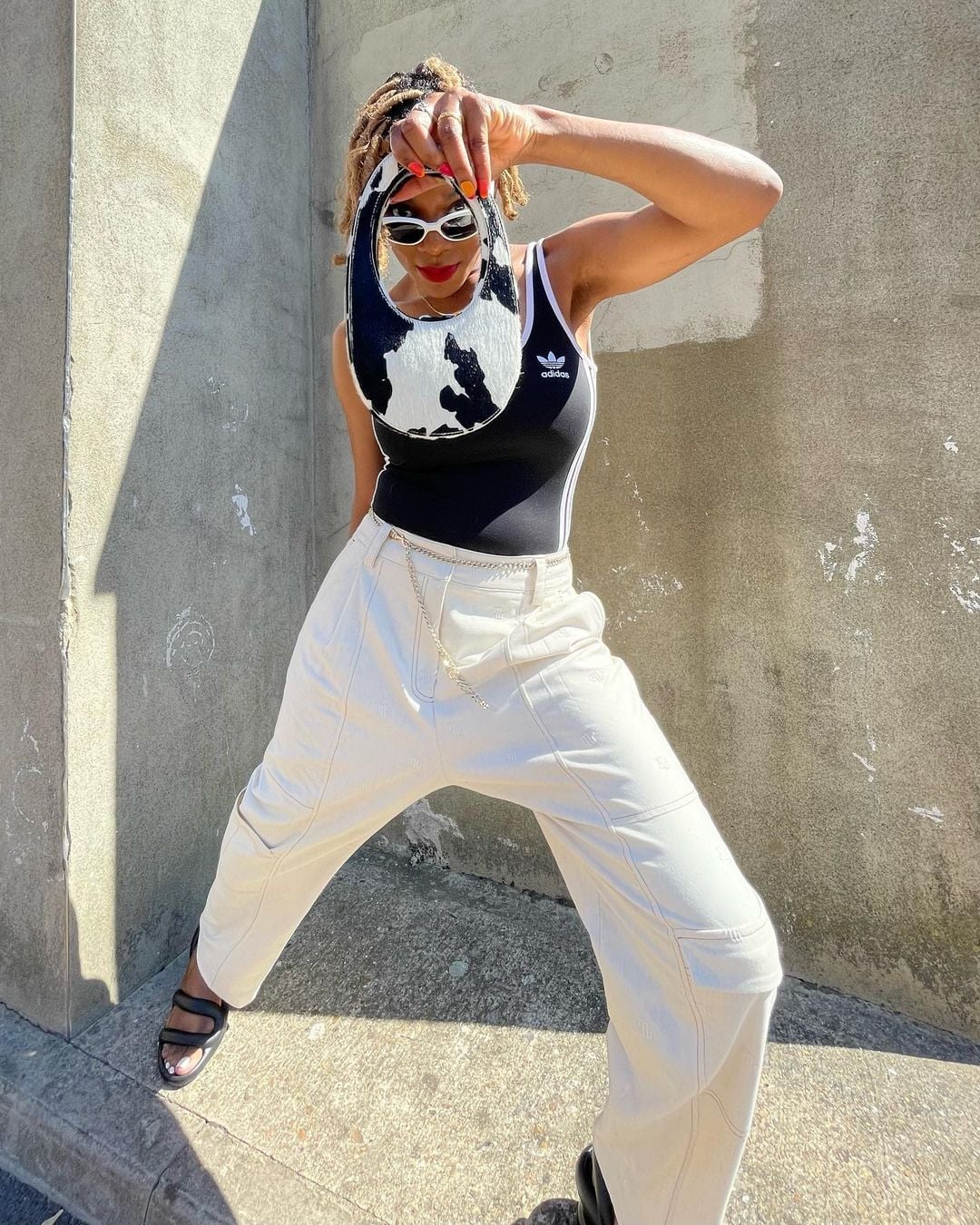 Adidas Bodysuit with Cargo Pants and Cow Print, Office-Safe Version Adidas Bodysuit with Cargo Pants and Cow Print, Office-Safe Version — Trendy Y2K Style