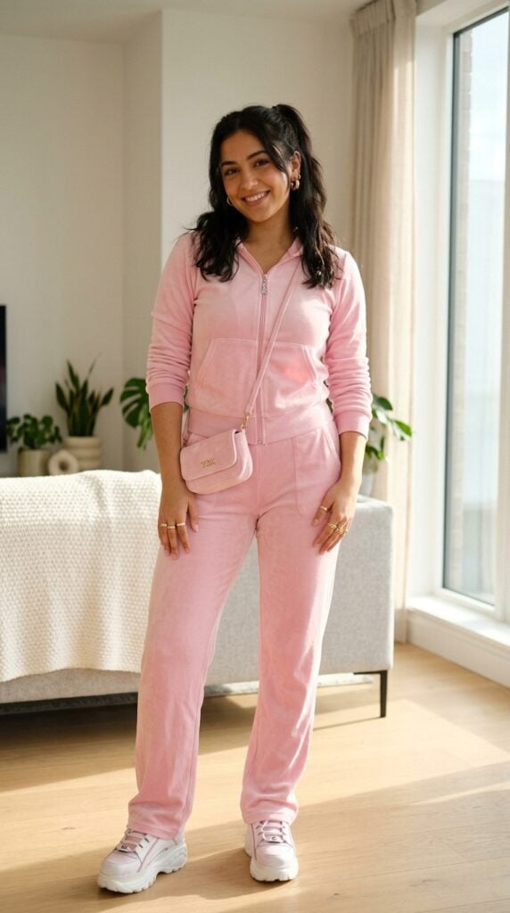 Full Pink Velour Tracksuit for Ultimate Y2K Comfort, Close-Up Take Full Pink Velour Tracksuit for Ultimate Y2K Comfort, Close-Up Take — Trendy Y2K Style