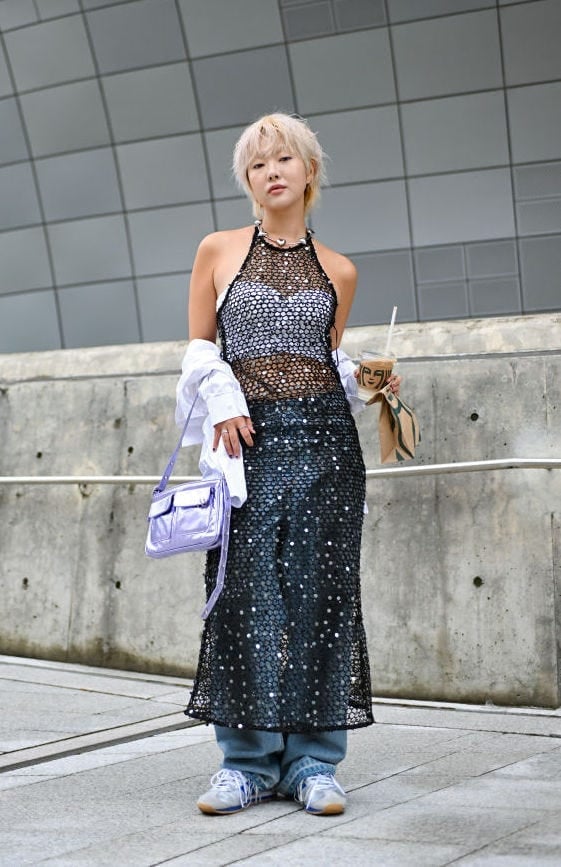 Sheer Sequined Dress Layered Over Baggy Jeans Sheer Sequined Dress Layered Over Baggy Jeans — Trendy Y2K Style