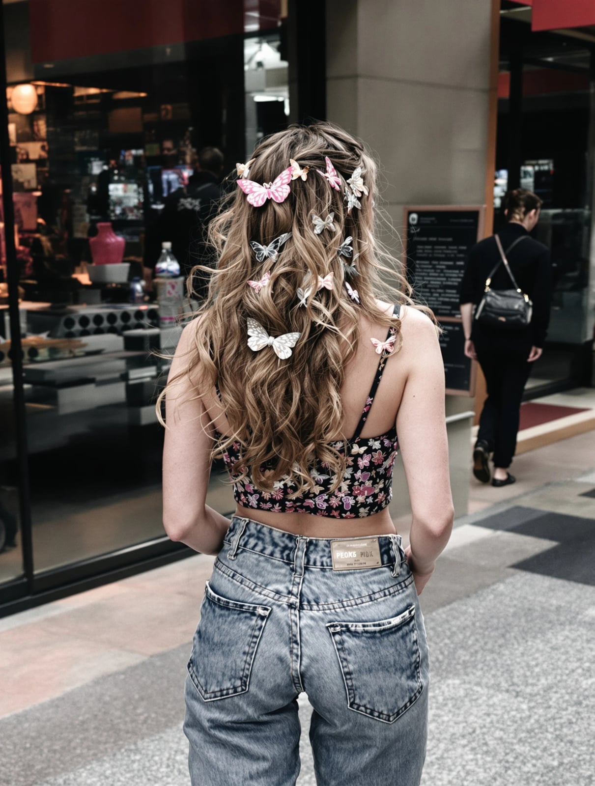 Floral Crop Top with Butterfly Clips and Baggy Jeans Floral Crop Top with Butterfly Clips and Baggy Jeans — Trendy Y2K Style