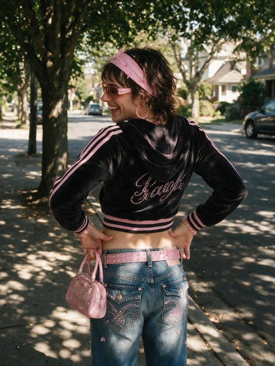 Rhinestone Embellished Velour Hoodie with Low-Rise, Close-Up Take Rhinestone Embellished Velour Hoodie with Low-Rise, Close-Up Take — Trendy Y2K Style