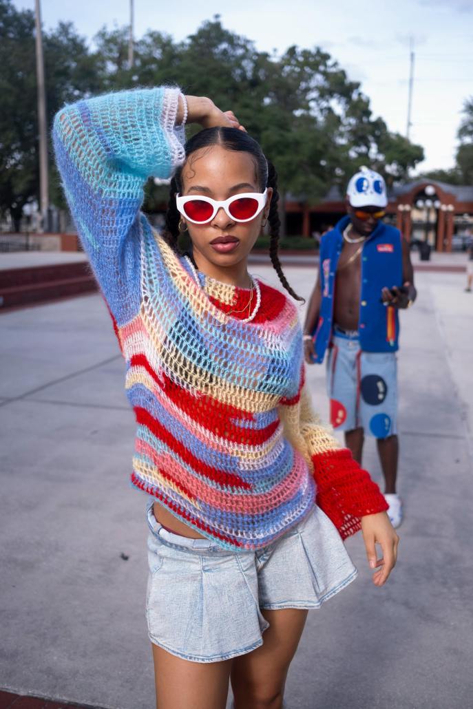 Colorful Crochet Sweater with Low-Rise Denim Mini Skirt Colorful Crochet Sweater with Low-Rise Denim Mini Skirt — Trendy Y2K Style