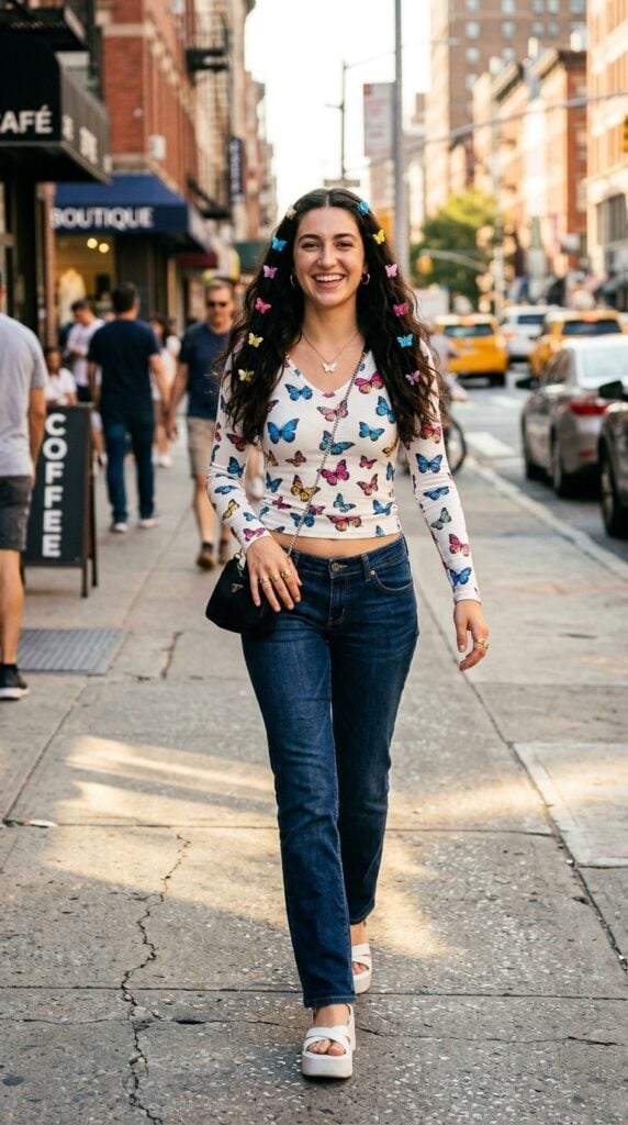 Butterfly Print Top with Dark Wash Straight-Leg Jeans Butterfly Print Top with Dark Wash Straight-Leg Jeans — Trendy Y2K Style