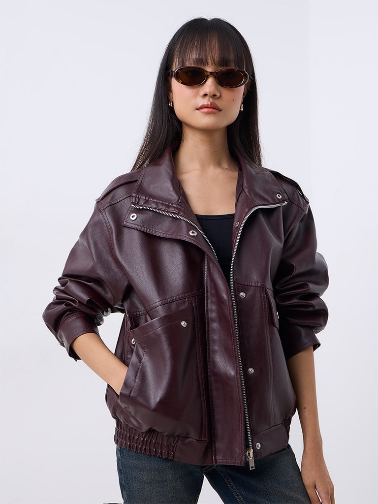 Burgundy Bomber Jacket Over a Tank with Low-Rise Jeans Burgundy Bomber Jacket Over a Tank with Low-Rise Jeans — Trendy Y2K Style