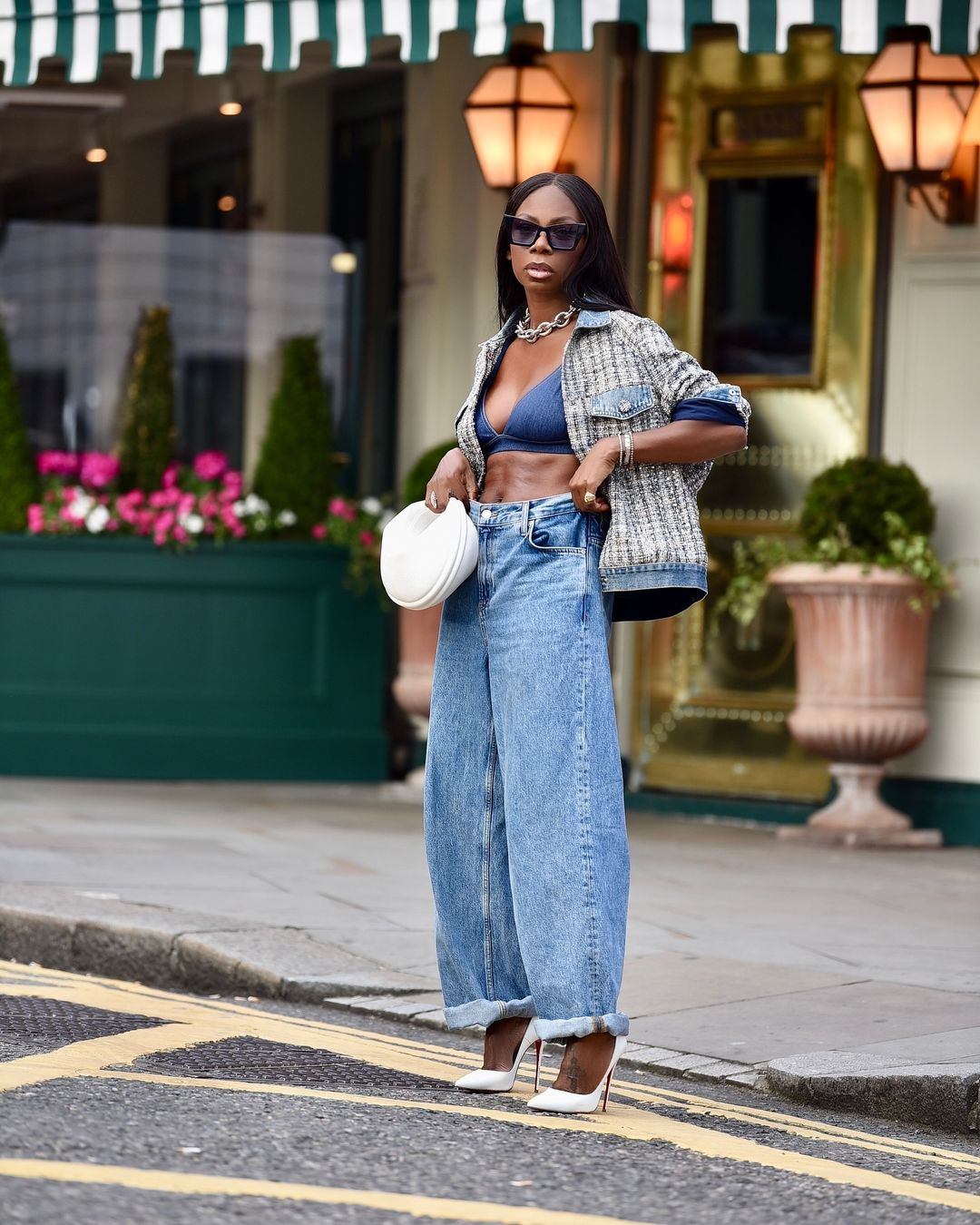 Tweed Jacket Over Bikini Top with Low-Rise Baggy Jeans Tweed Jacket Over Bikini Top with Low-Rise Baggy Jeans — Trendy Y2K Style