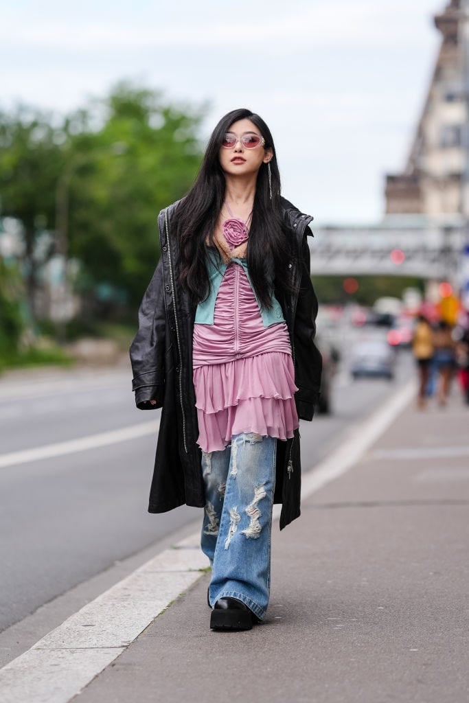Leather Trench Coat Over Corset and Ruffled Dress with Distressed Leather Trench Coat Over Corset and Ruffled Dress with Distressed — Trendy Y2K Style