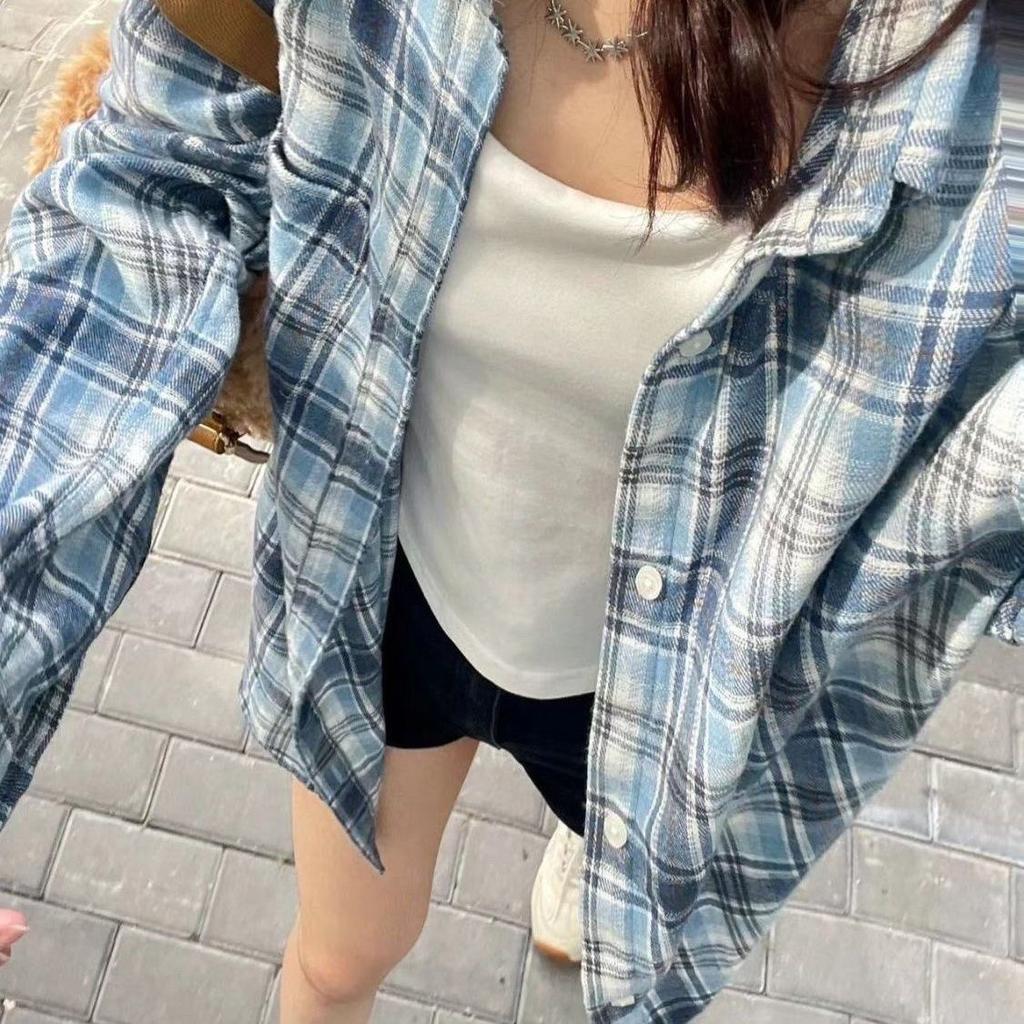 Oversized Plaid Shirt Over Tank Top and Shorts Oversized Plaid Shirt Over Tank Top and Shorts — Trendy Y2K Style