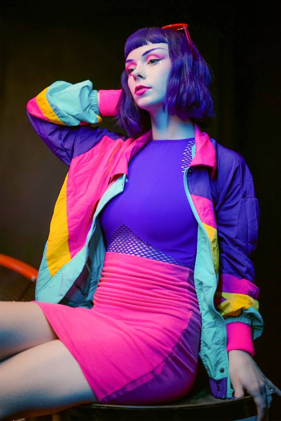 Color-block Jacket Over Mesh Top and Fitted Dress Color-block Jacket Over Mesh Top and Fitted Dress — Trendy Y2K Style