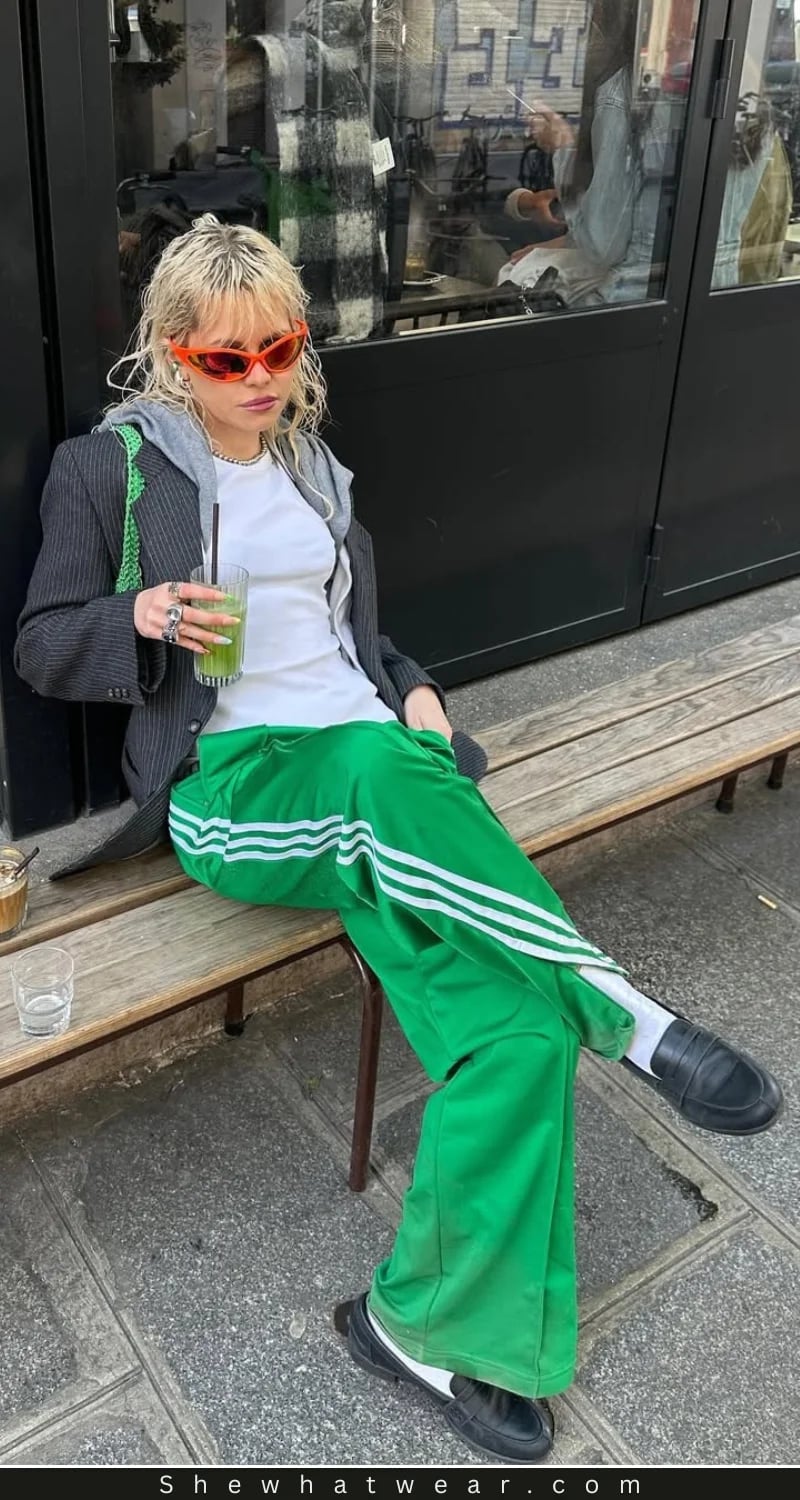 Bright Green Track Pants Layered with a Gray Blazer Bright Green Track Pants Layered with a Gray Blazer — Trendy Y2K Style