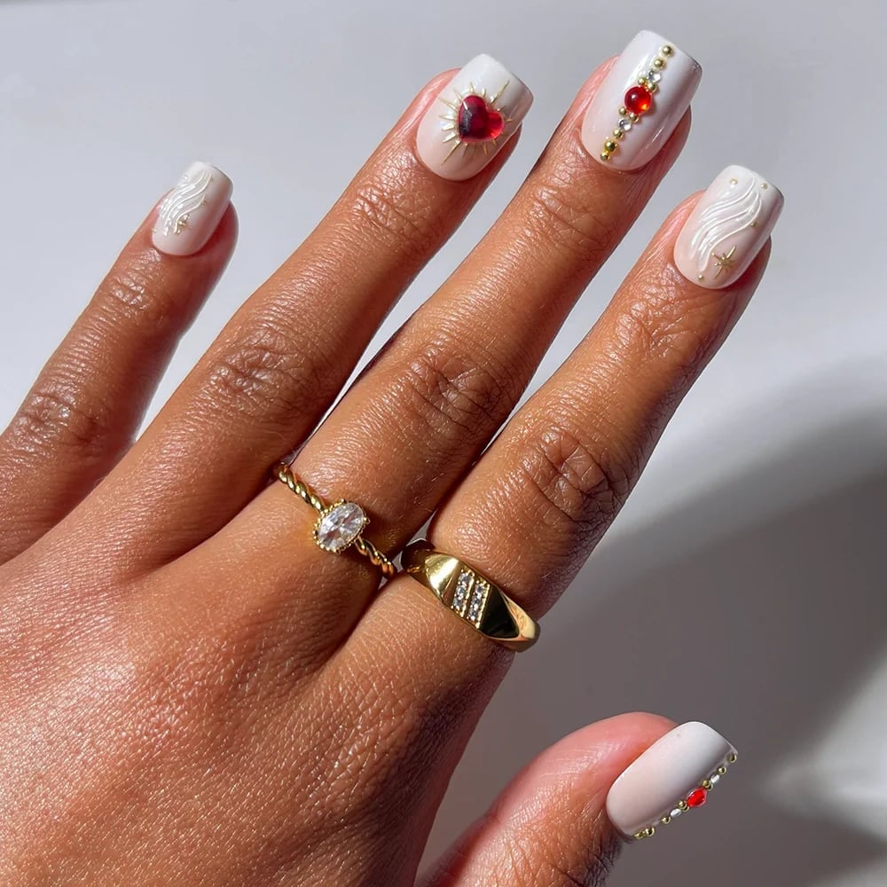 Matte Off-White With Red Heart Short Square Nails — Unique Engagement Nails