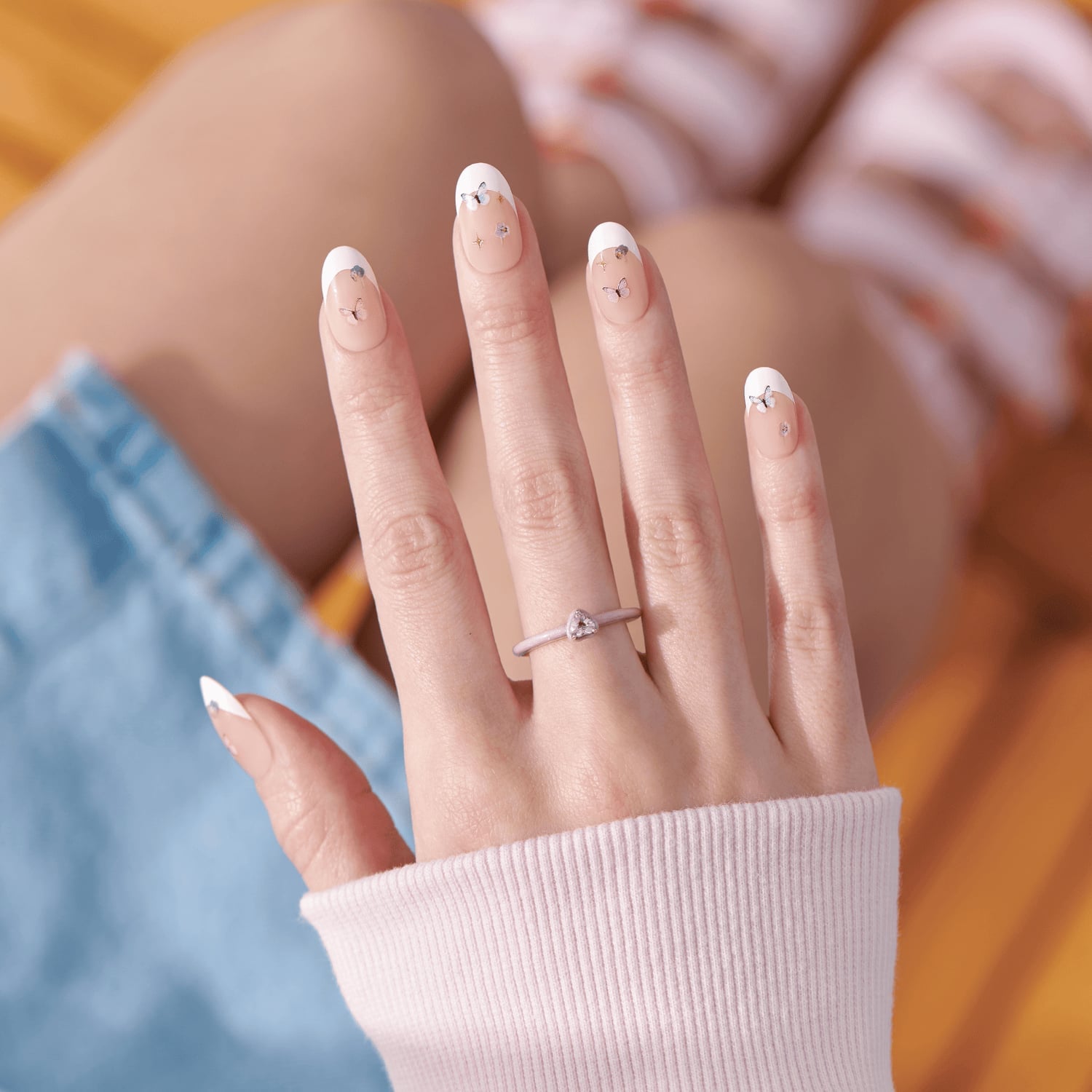 Silver Charm White French Short Oval Nails — Unique Engagement Nails