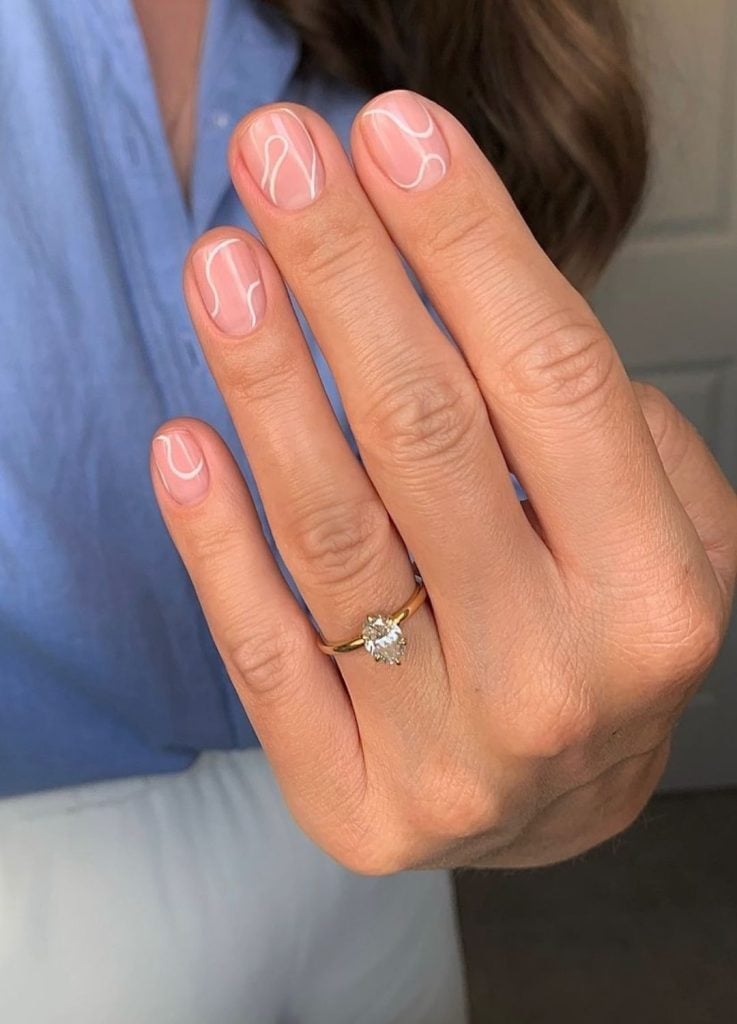 Abstract White Lines Medium Oval Nails — Unique Engagement Nails