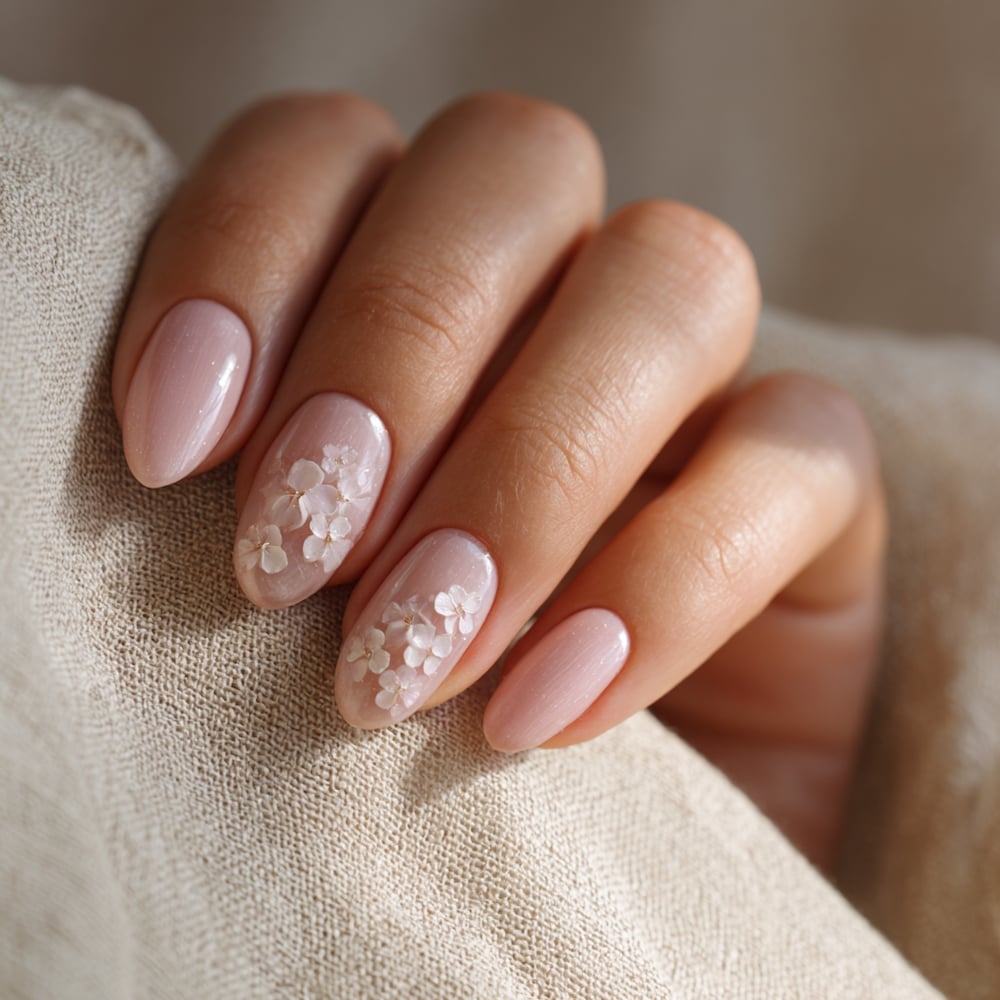 3D Floral Pale Pink Short Oval Nails — Unique Engagement Nails
