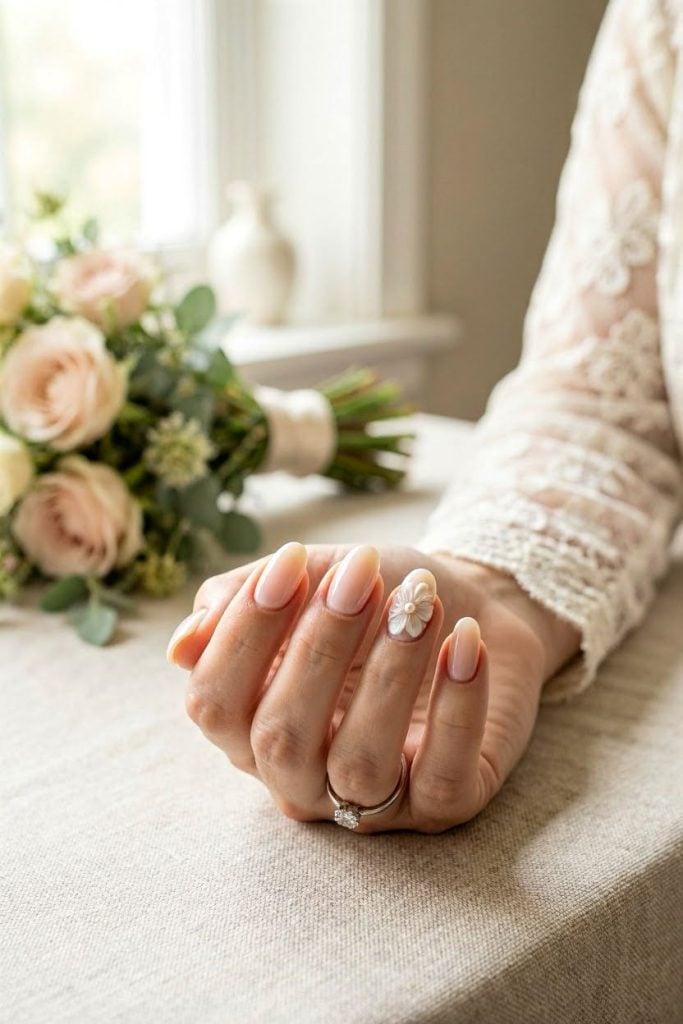 3D Flower Embellished Medium Almond Nails — Unique Engagement Nails