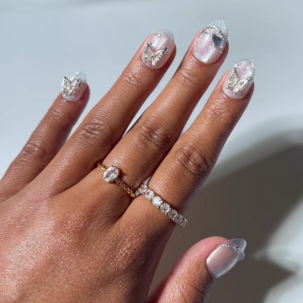 3D Butterfly Silver Accent Medium Oval Nails — Unique Engagement Nails
