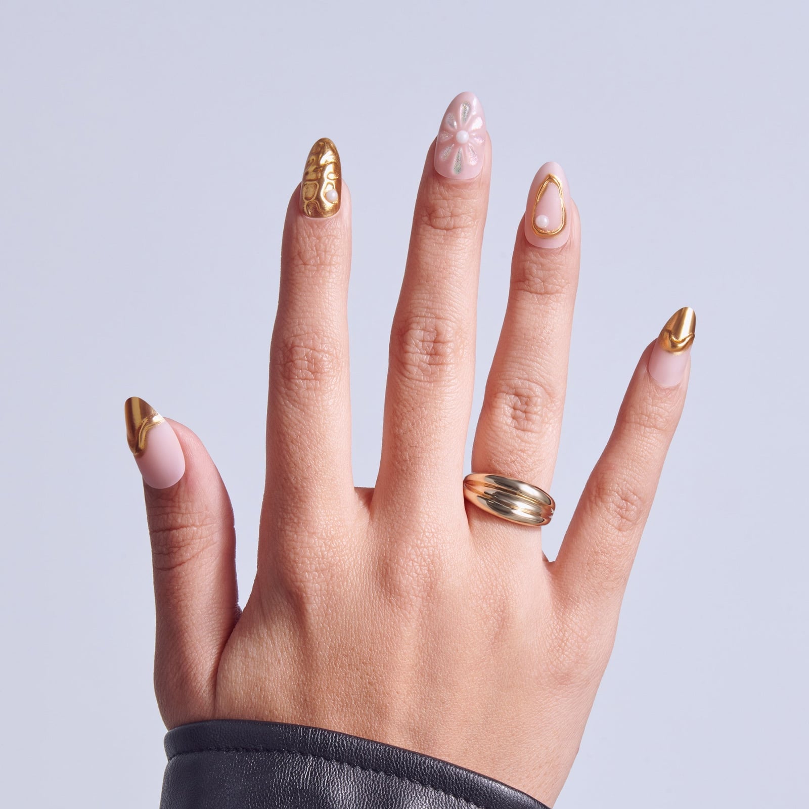 3D Gold Abstract Flower Medium Almond Nails — Unique Engagement Nails
