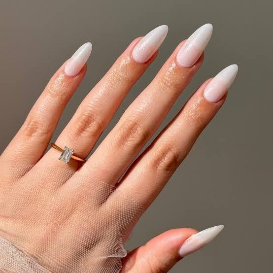 Milky White Iridescent Shimmer Stiletto Nails — Unique Engagement Nails