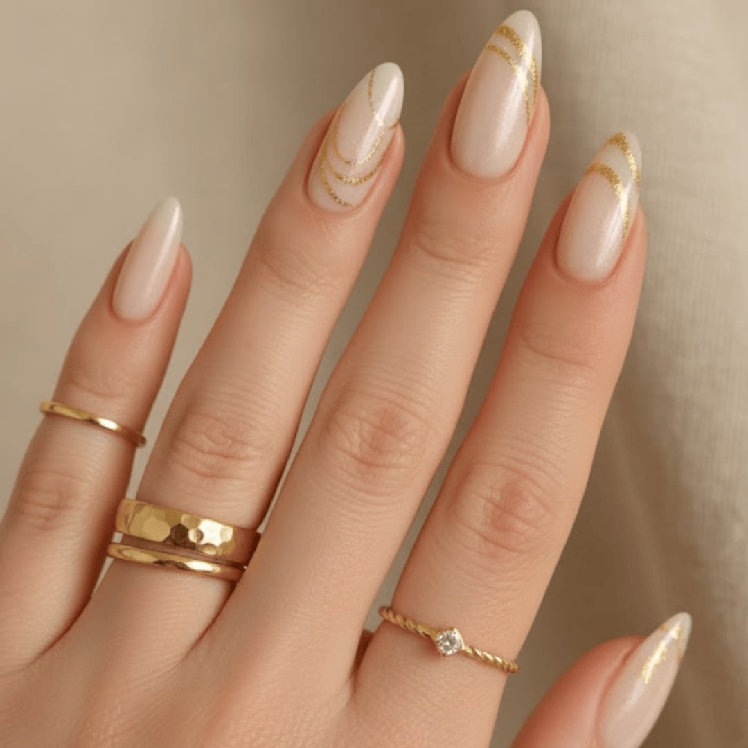 Gold Foil Lines Long Almond Nails — Unique Engagement Nails