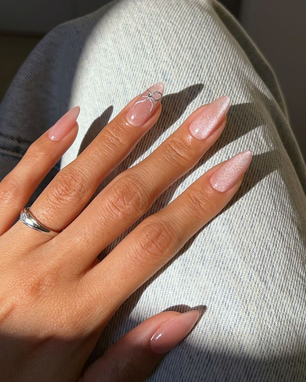 Silver Fine Line Art Long Almond Nails — Unique Engagement Nails