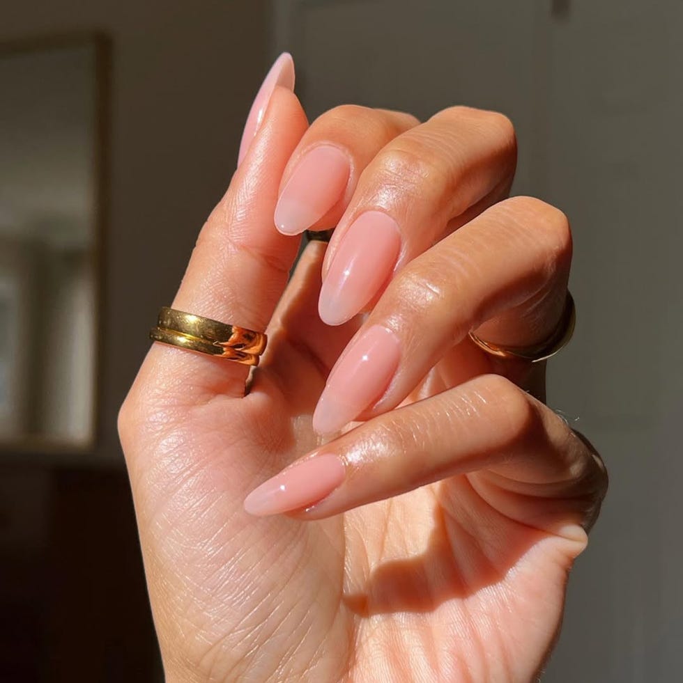 Sheer Pink Medium Almond Nails — Unique Engagement Nails