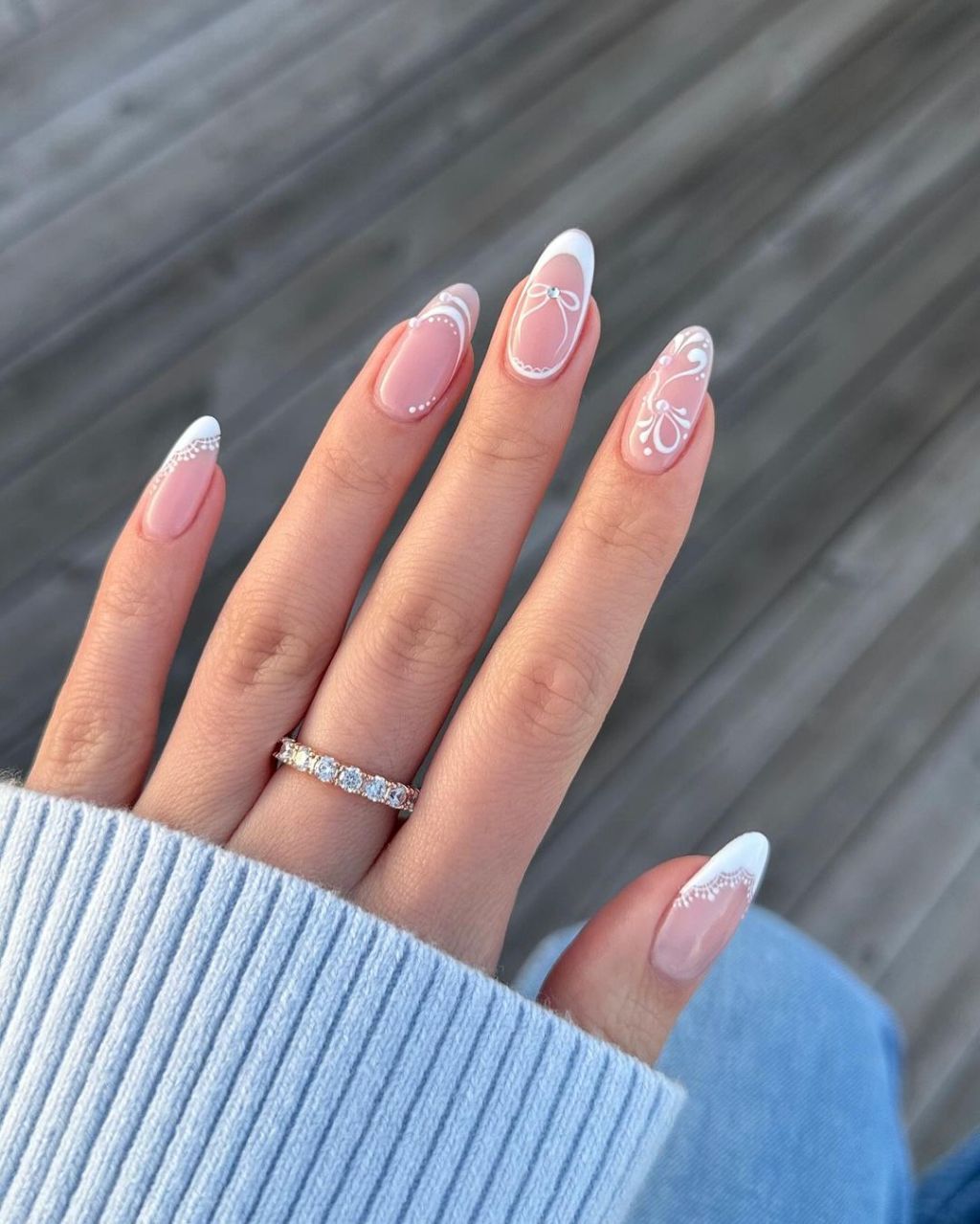 White Line Art Glitter French Long Almond Nails — Unique Engagement Nails