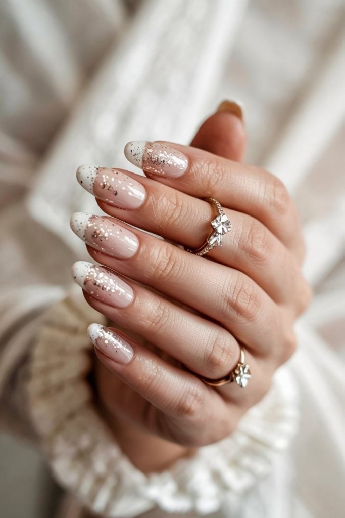 Gold Glitter Ombre French Long Almond Nails — Unique Engagement Nails