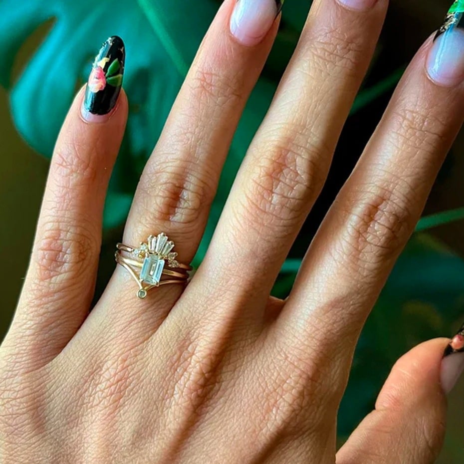 Floral French Long Almond Engagement Nails, Glossy — Unique Engagement Nails