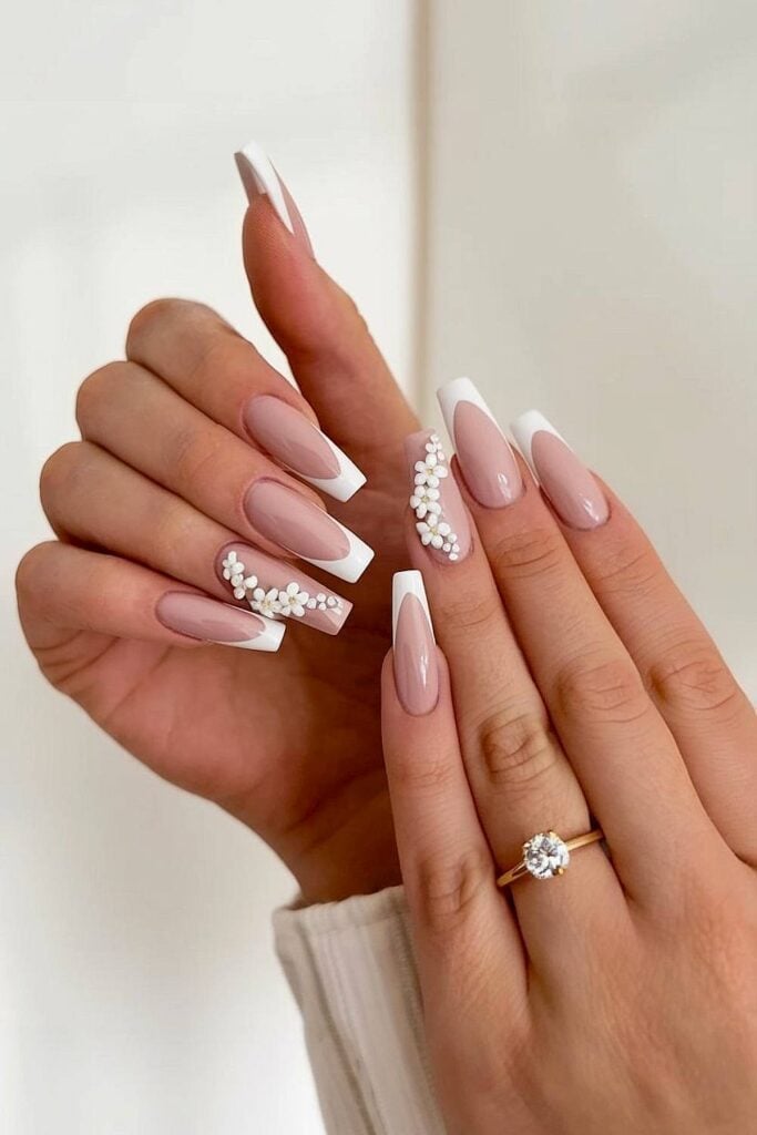 3D Floral Classic Long Coffin Nails — Unique Engagement Nails