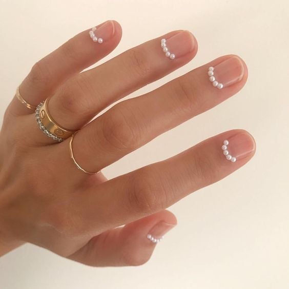 Pearl Trim Short Square Nails — Unique Engagement Nails