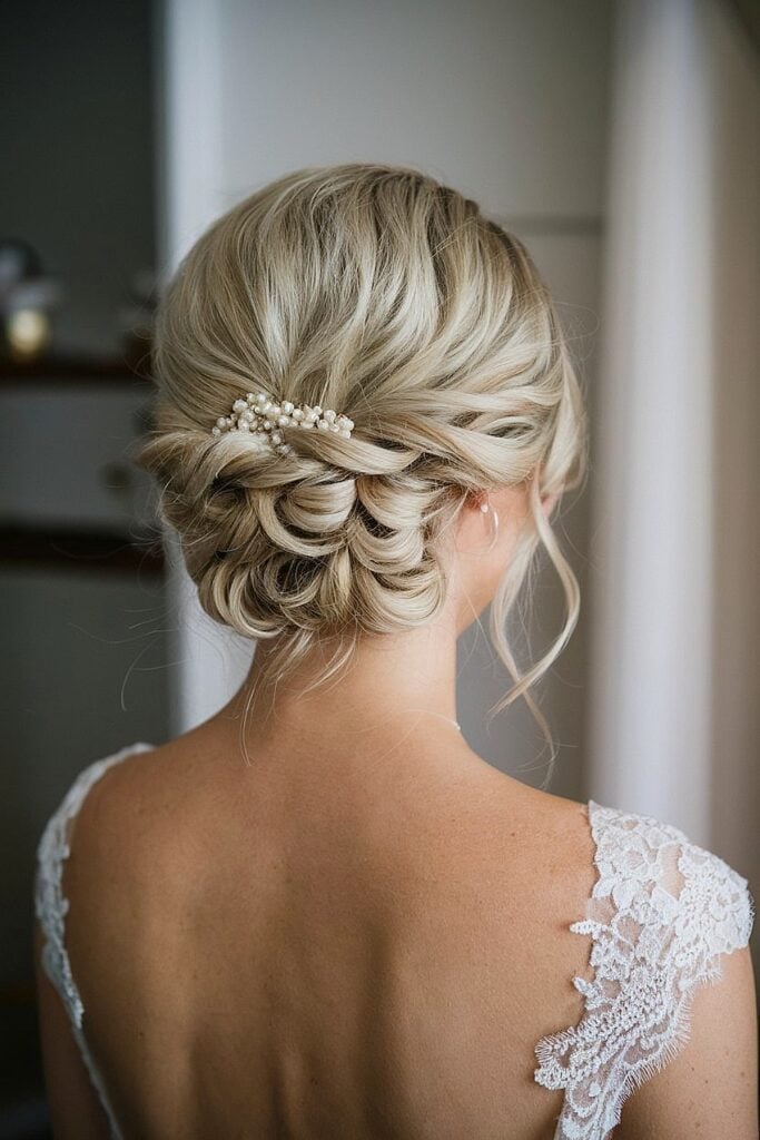 Ash Blonde Low Bun With Braids and Crystals Ash Blonde Low Bun With Braids and Crystals — Wedding Bun Ideas