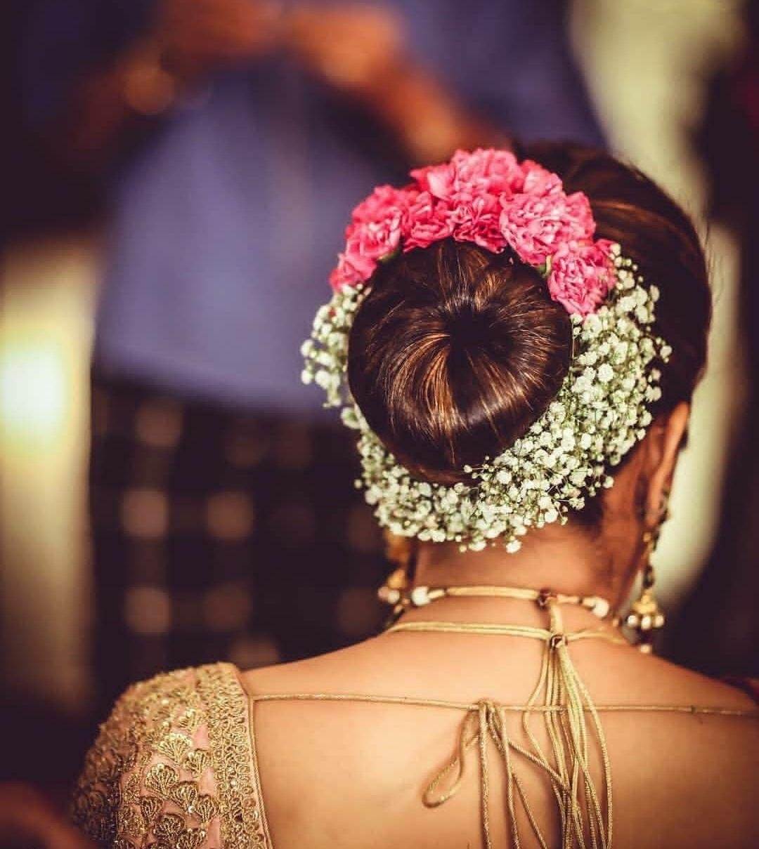 Low Dark Brown Bun With Floral Crown Low Dark Brown Bun With Floral Crown — Wedding Bun Ideas