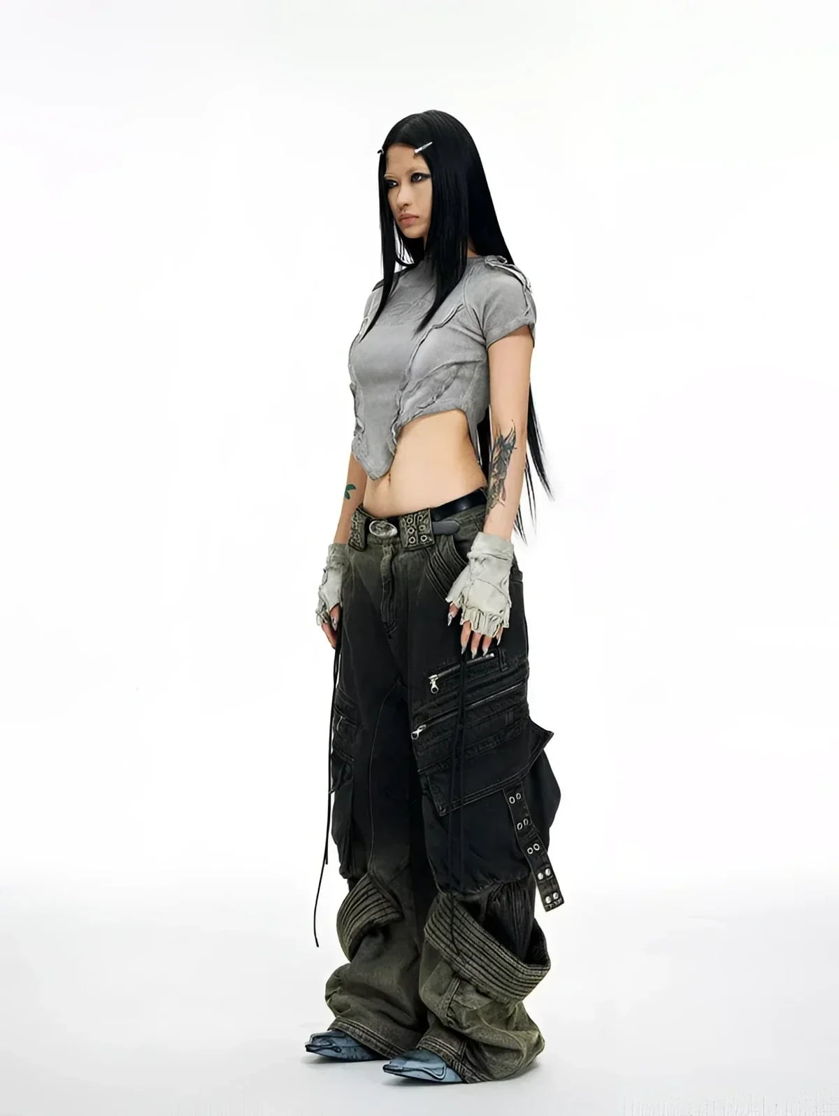 Gray Asymmetrical Crop Top with Distressed Cargo Pants — Y2K Party Outfit Inspiration