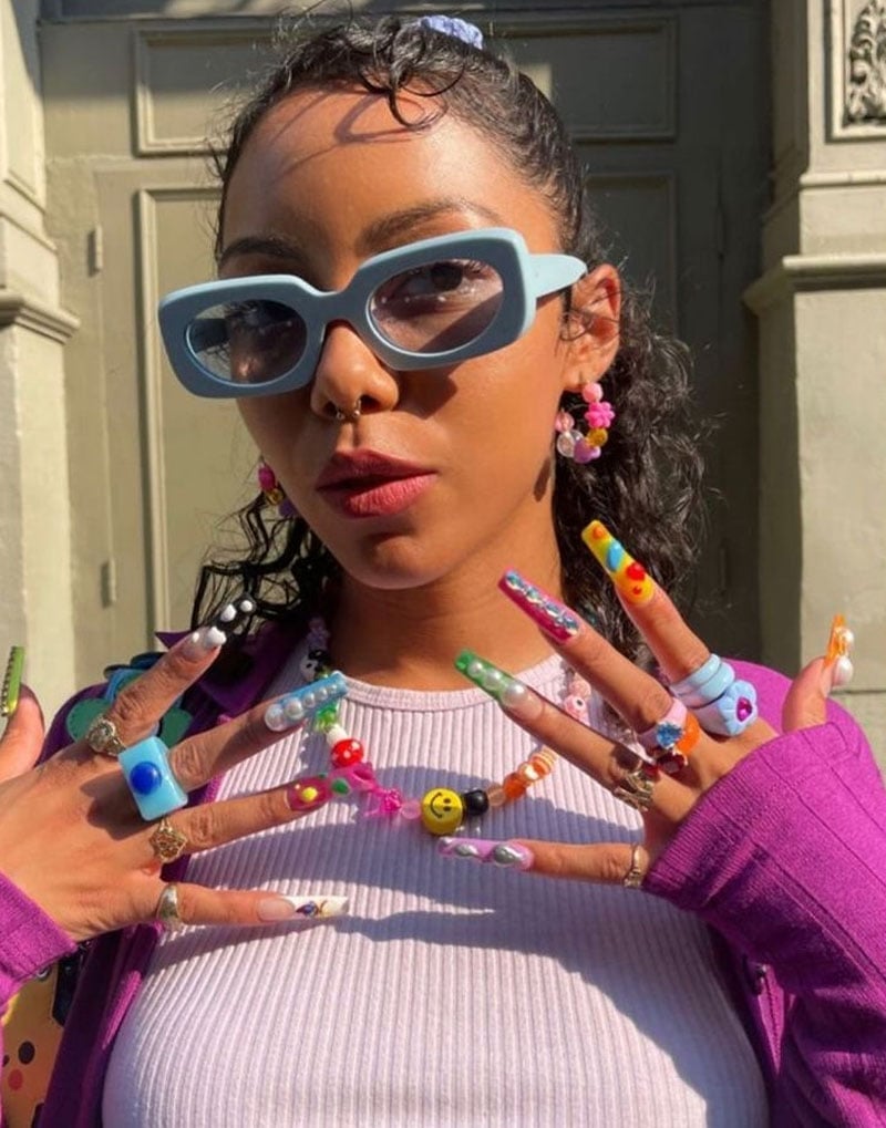 Purple Knit Cardigan and Beaded Jewelry Accents — Y2K Party Outfit Inspiration
