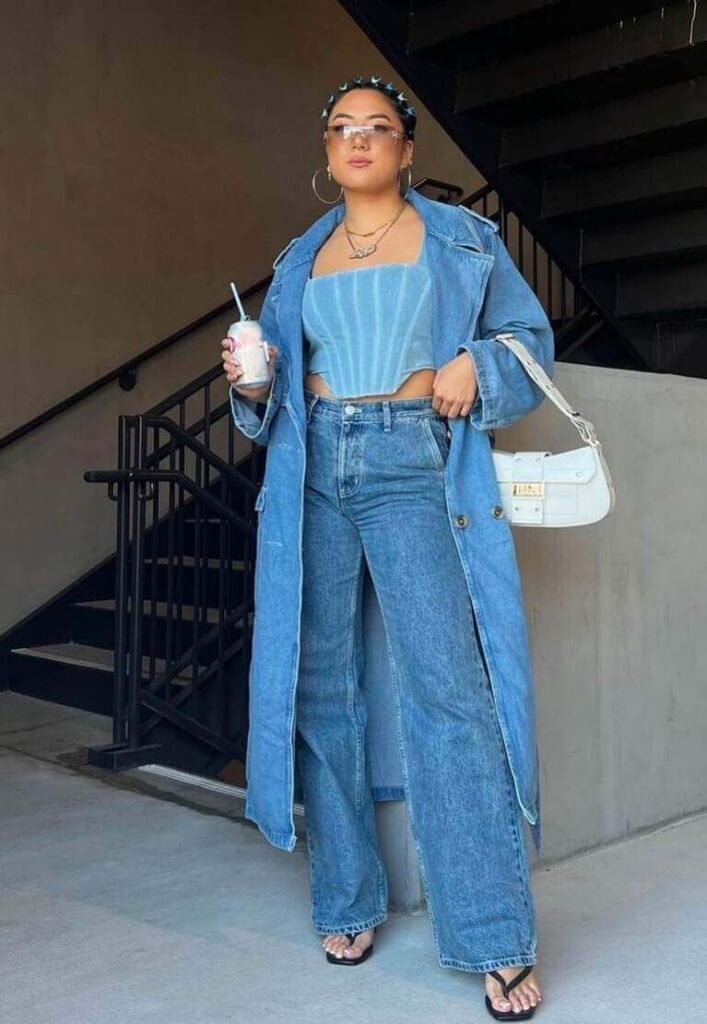 Denim Trench Coat Over Corset Top and Wide-Leg Jeans — Y2K Party Outfit Inspiration
