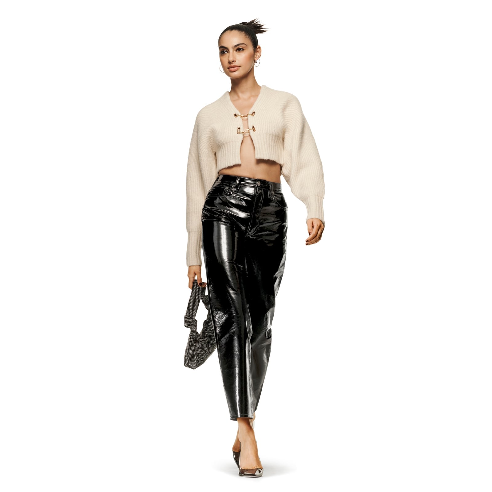 Cream Cropped Cardigan with Black Patent Leather Midi Skirt — Y2K Party Outfit Inspiration