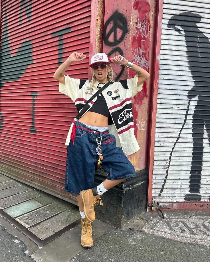 Oversized Racing Shirt with Baggy Denim Shorts — Y2K Party Outfit Inspiration