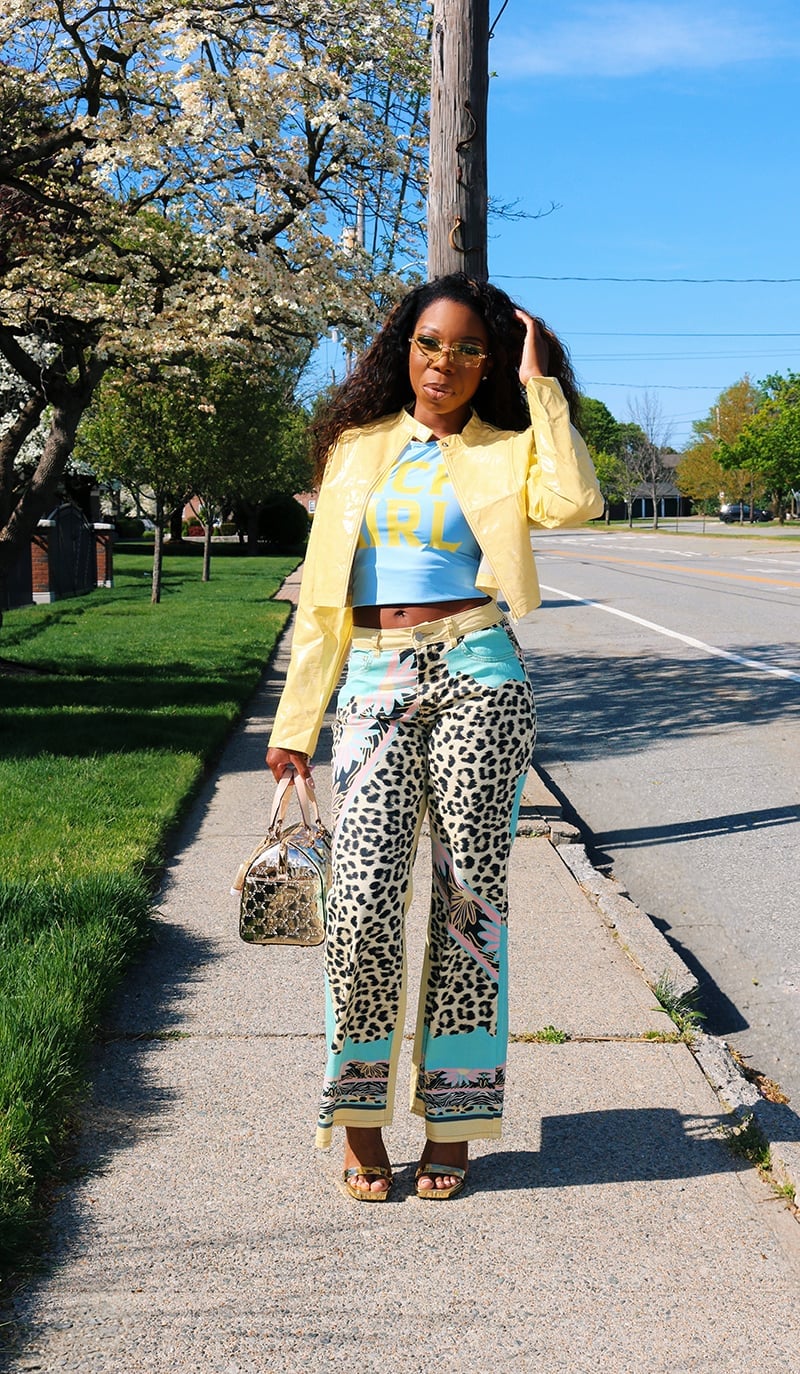 Yellow Patent Jacket with Leopard Print Wide-Leg Trousers — Y2K Party Outfit Inspiration
