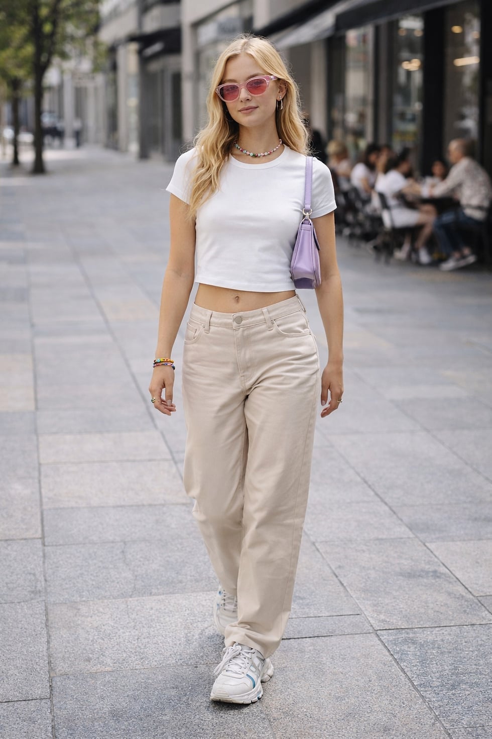 White Crop Top with Beige Low-Rise Straight Leg Pants — Y2K Party Outfit Inspiration