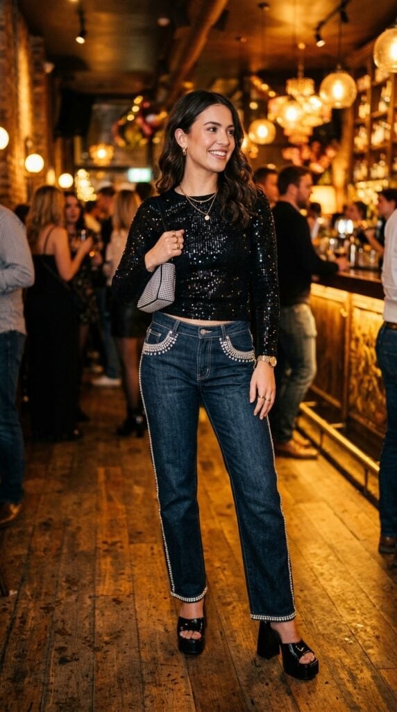 Sequin Top with Rhinestone Embellished Jeans — Y2K Party Outfit Inspiration