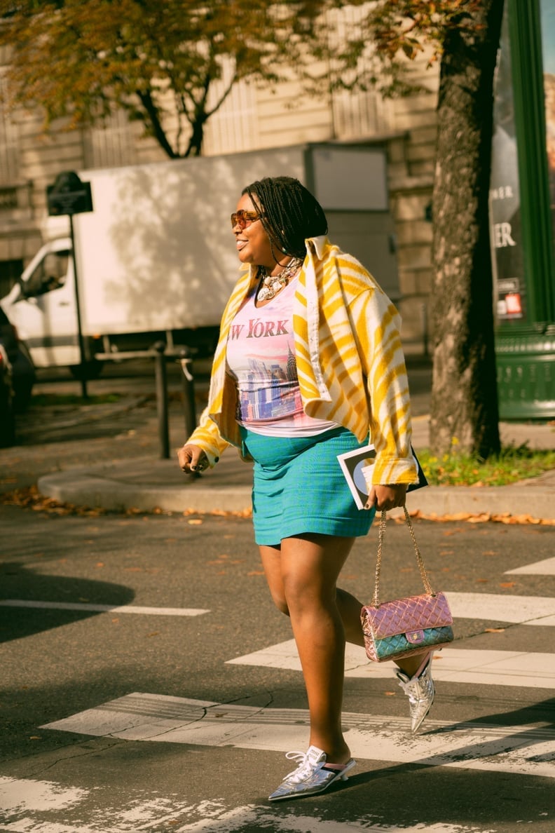 Striped Jacket, Graphic Tee, and Plaid Mini Skirt — Y2K Party Outfit Inspiration