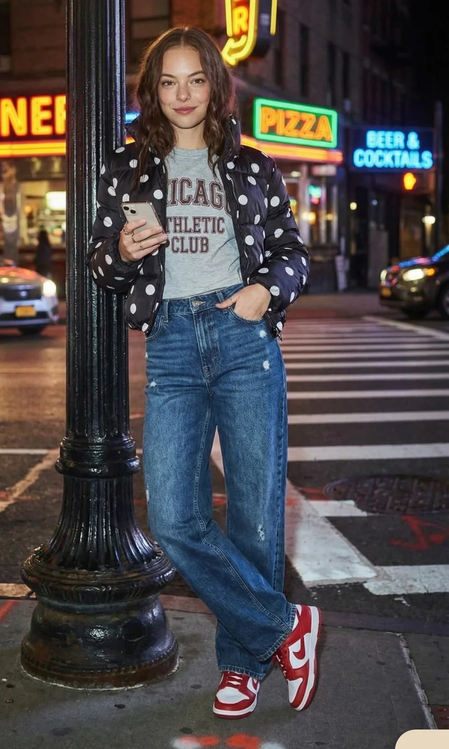 Polka Dot Puffer Jacket Over Graphic Tee and Distressed Jeans — Y2K Party Outfit Inspiration